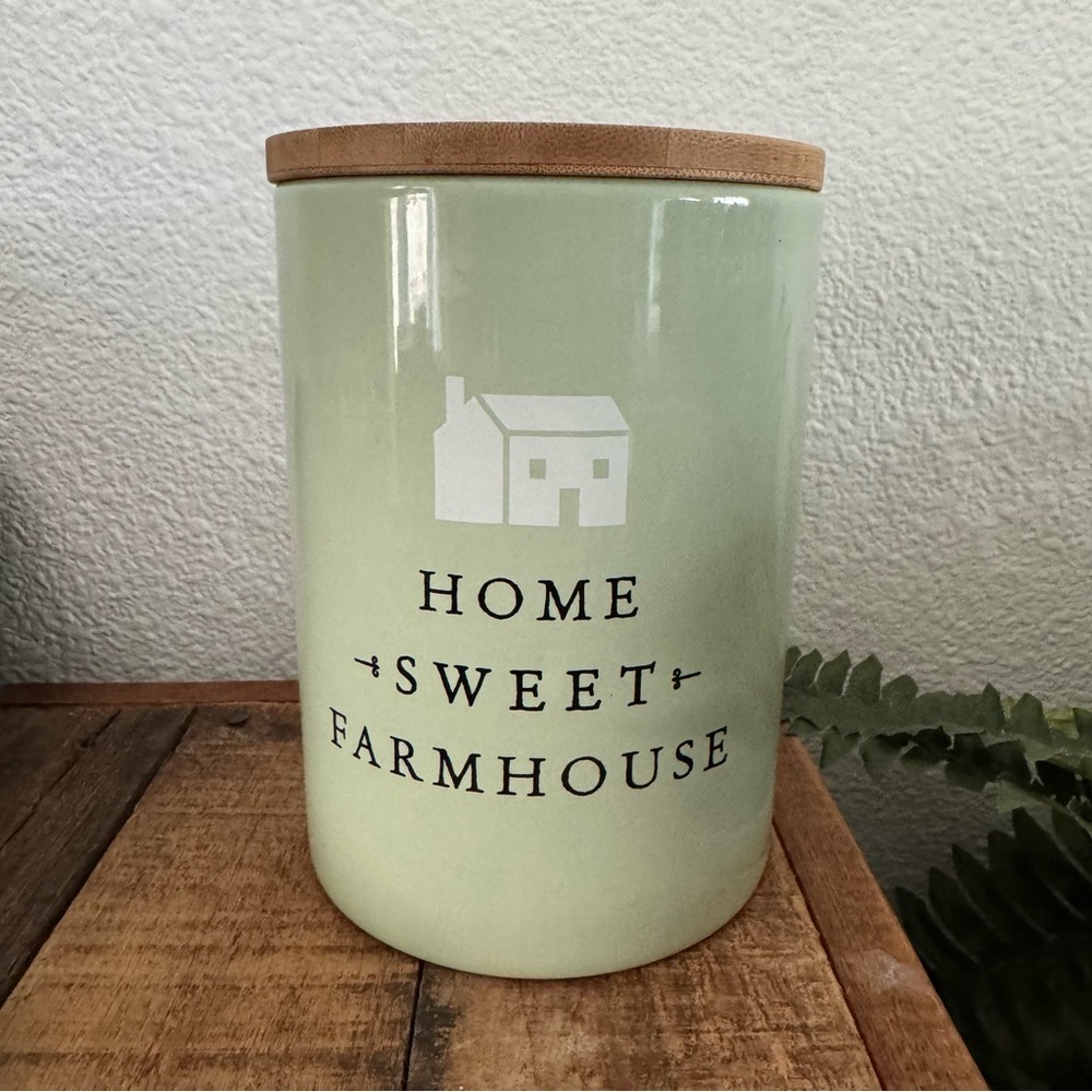 Ceramic Canister Home Sweet Farmhouse Mint Green Wood Lid Rustic Minimalist - Picture 2 of 10